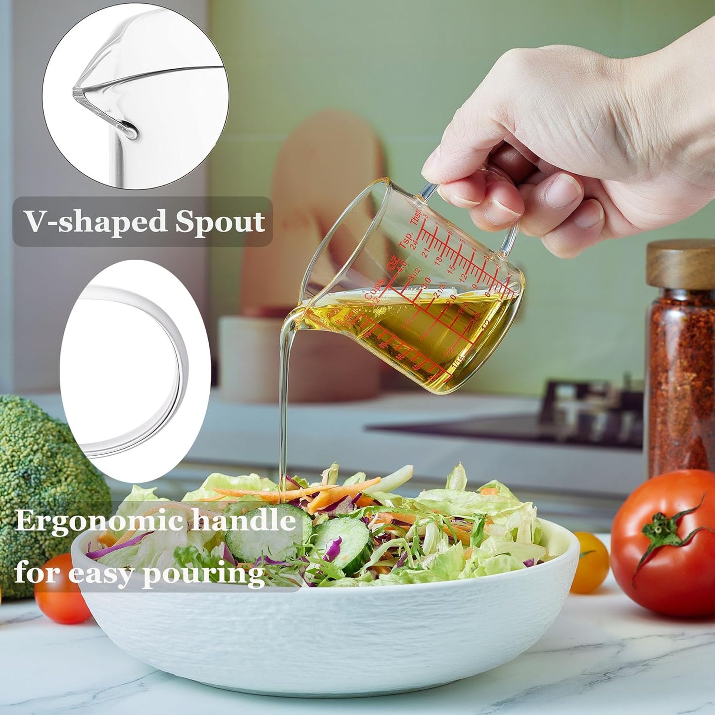 Ackers BORO3.3 Measure Glass -[Insulated handle | V-Shaped Spout]-Made of High Borosilicate Glass Measuring for Kitchen or Restaurant, Easy to Read, 60 ML (2 Oz) 丨(2 Pack)
