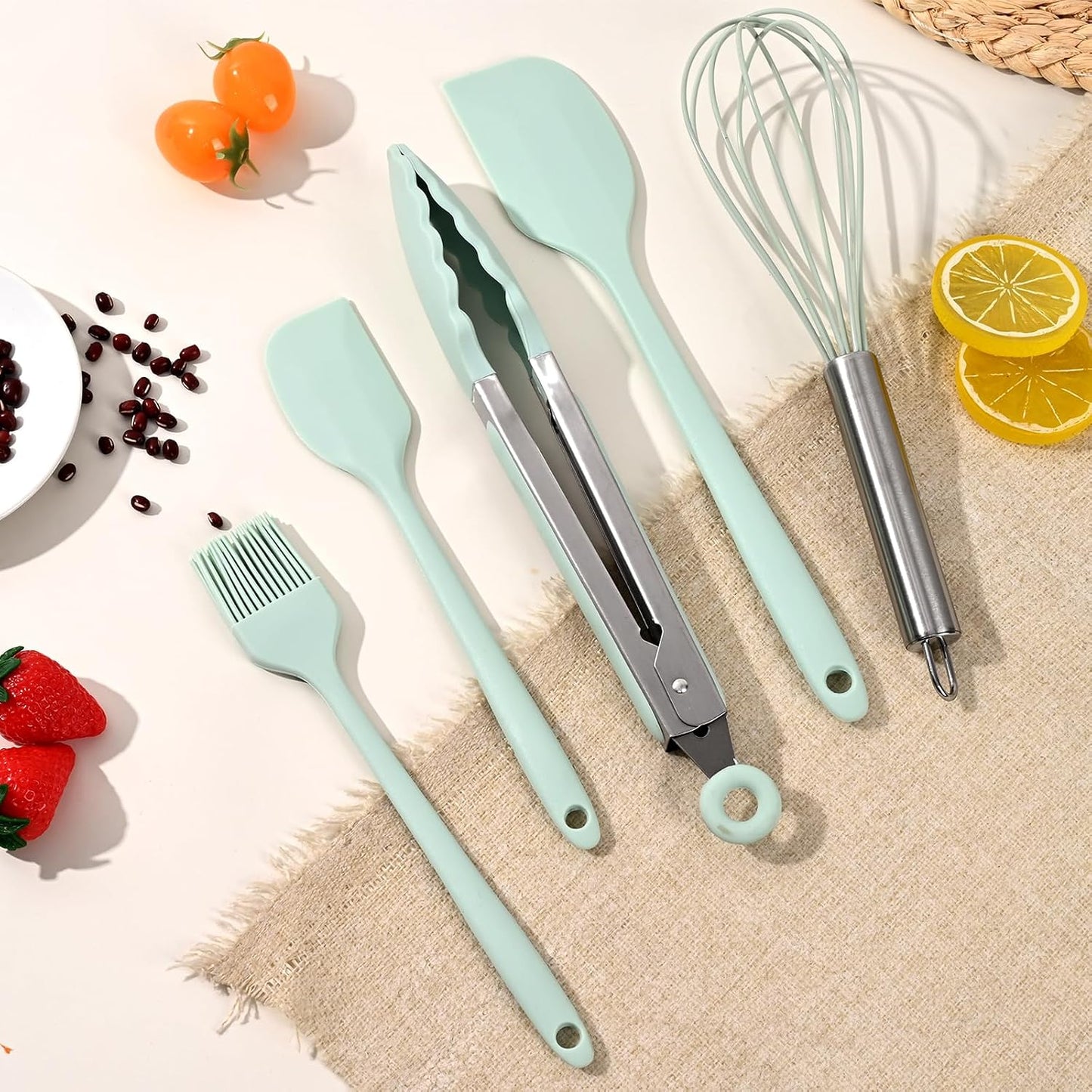 Silicone Kitchen Utensils Set - 5 Pcs Spatula Set with Holder, Heat Resistant, Dishwasher Safe (Green)
