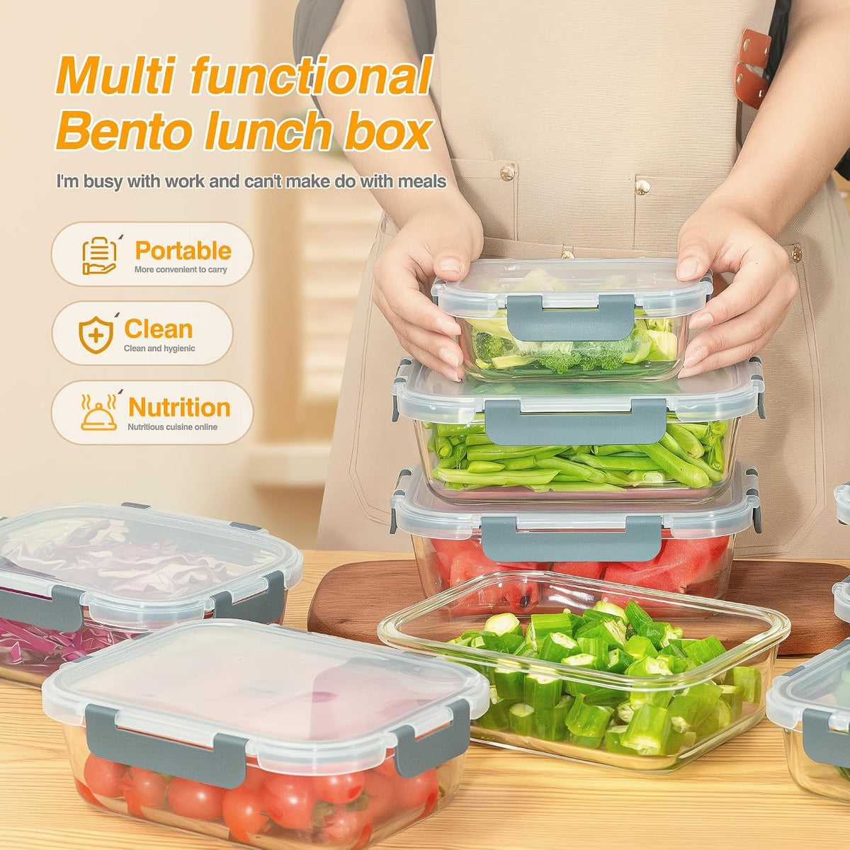 10-Pack Meal Prep Containers with Snap Locking Lids, Glass Airtight Lunch, Food Storage Containers, Microwave, Oven, Freezer and Dishwasher Friendly, Gray