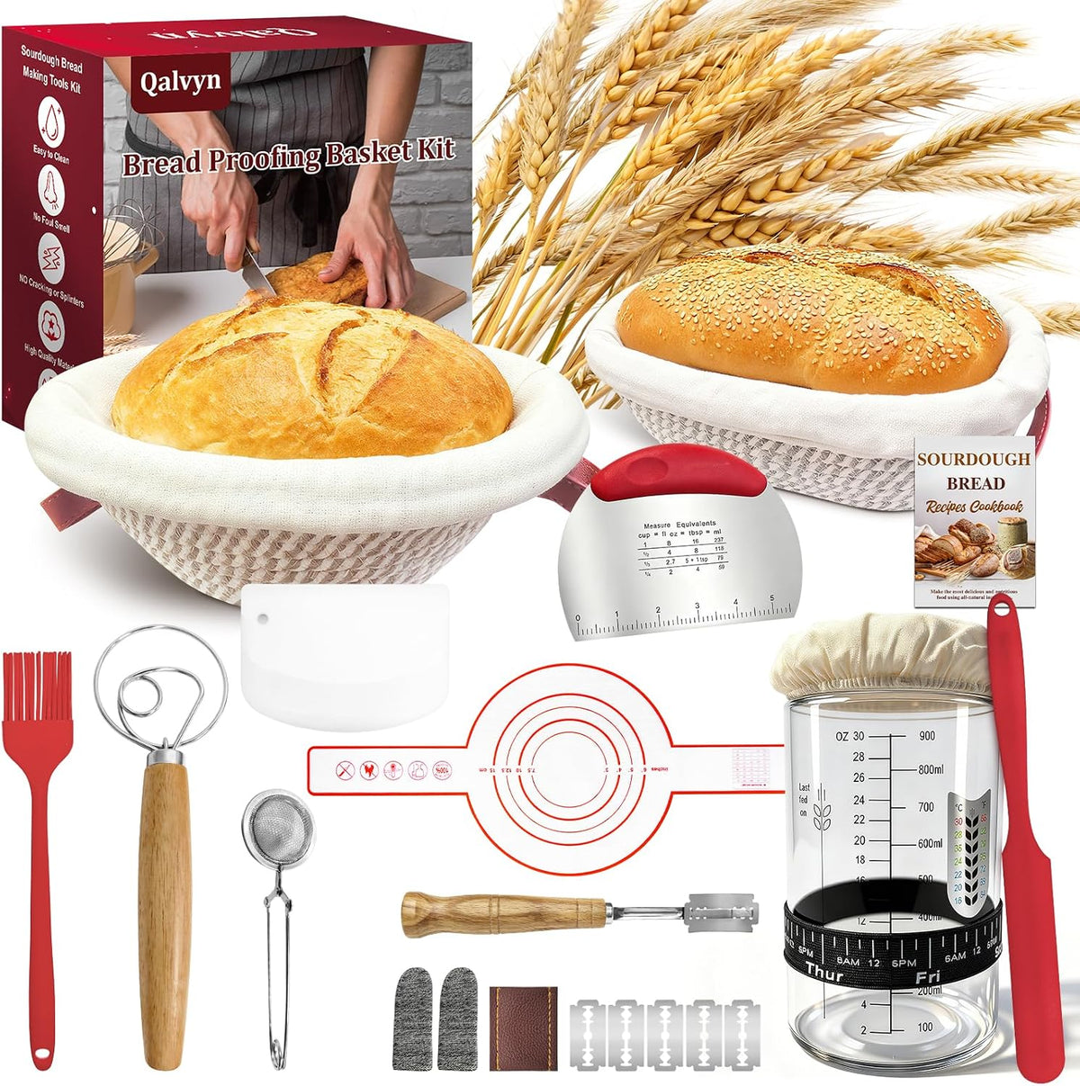 Sourdough Starter Kit with 2 Proofing Baskets & Starter Jar for Beginners