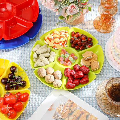 Zhehao 4 Pcs Sectional Heavyweight Plastic Divided Plates Serving Trays with 40 Disposable Forks 10.6" 7 Section Round Chip Dip Plate Snack Food Platter for Nut Candy Veggie Fruit (Blue)