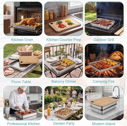 Gisafai 20 x 14 Inch Large Grilling Prep and Serve Trays 5-in-1, Stainless Steel Food Prep Tray Set Grill Carry System Marinade Container with Lid Cooling Rack Gifts for Outdoor BBQ Accessories