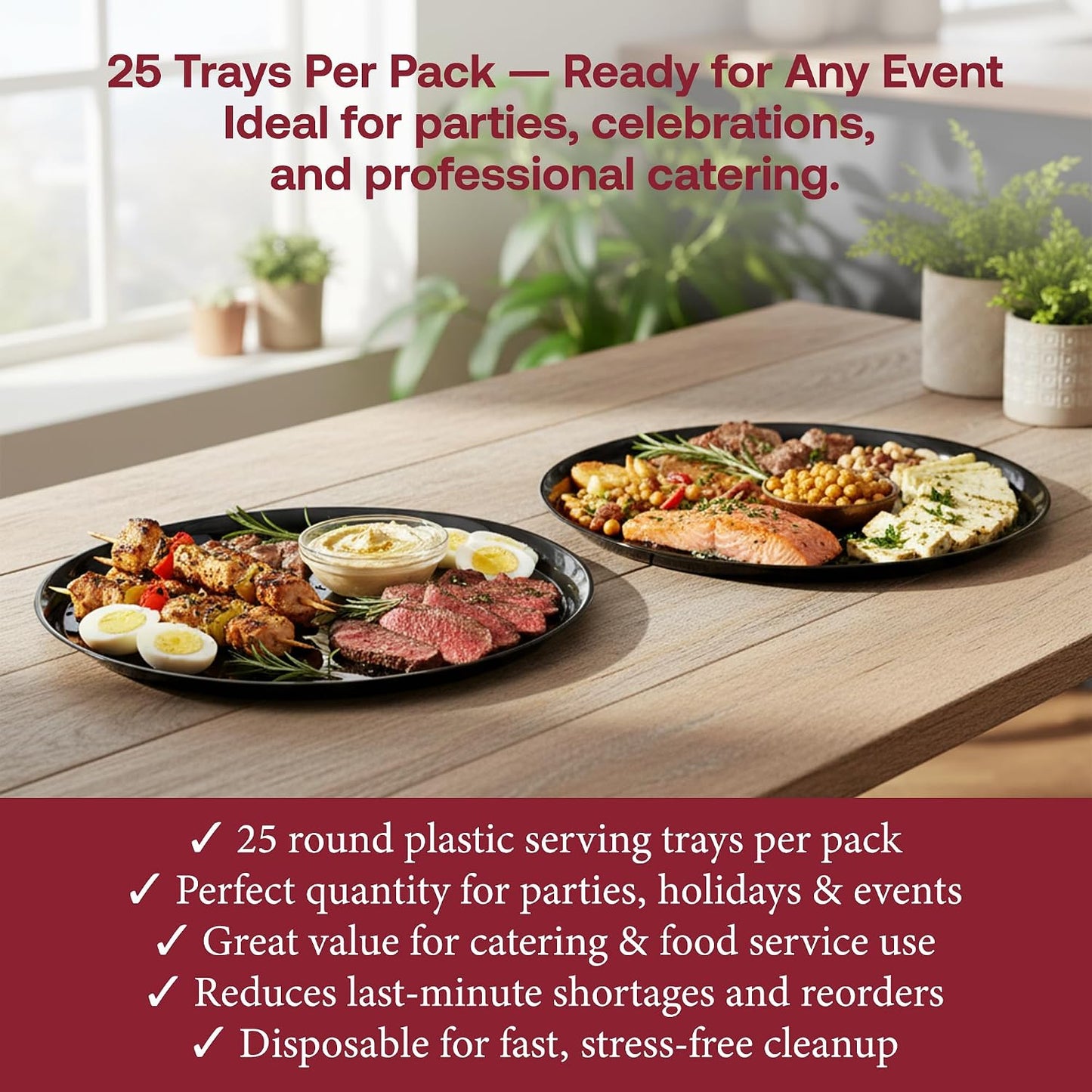 Smarty Had A Party 12 Inch Black Round Plastic Serving Tray – Heavy-Duty Party Platters & Catering Trays, Reusable or Disposable Plastic Trays for Serving Food, Elegant Party Tray Set of 25