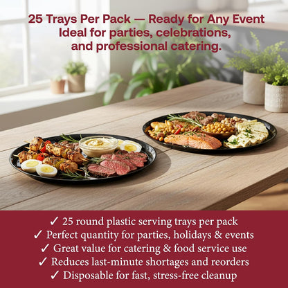 Smarty Had A Party 12 Inch Black Round Plastic Serving Tray – Heavy-Duty Party Platters & Catering Trays, Reusable or Disposable Plastic Trays for Serving Food, Elegant Party Tray Set of 25