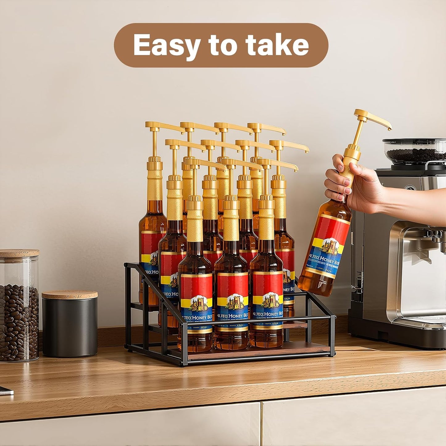 kimilus Coffee Syrup Organizer Rack, Liquor Bottle Display Shelf, 2 Tier 10 Syrup Bottles Holder Stand for Coffee Bar Kitchen Small Wine Rack for Family Storage for Syrup Wine Dressing