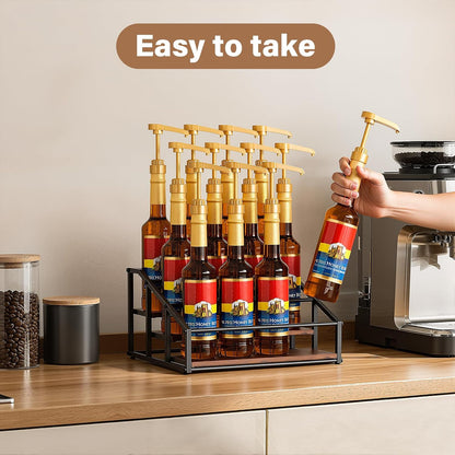 kimilus Coffee Syrup Organizer Rack, Liquor Bottle Display Shelf, 2 Tier 10 Syrup Bottles Holder Stand for Coffee Bar Kitchen Small Wine Rack for Family Storage for Syrup Wine Dressing