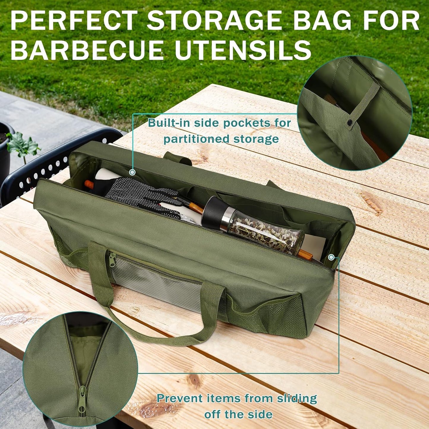 Grill Tool Storage Bag, Large Grill Utensil Storage Caddy with Pockets, BBQ Tools Storage Bag for Outdoor Camping(Brown)