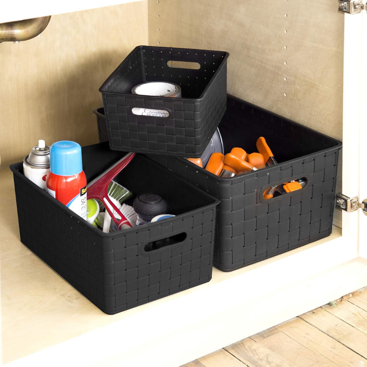 BINO | Plastic Storage Baskets Large - Black | THE STABLE COLLECTION | Multi-Use Storage | Rectangular Cabinet Organizer | Baskets For Organizing with Handles | Home Office Organization and Storage
