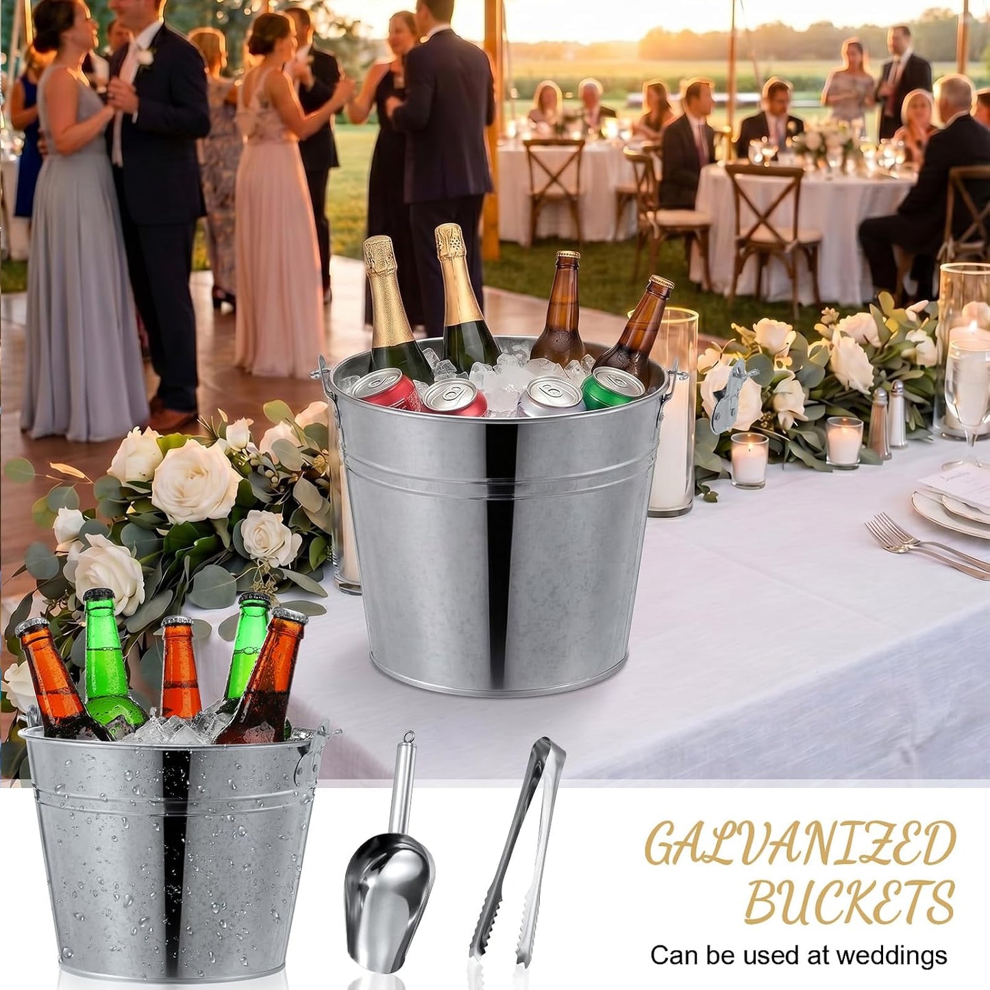 Zopeal 12 Pcs Galvanized Beer Bucket Set, Includes 8 Metal Ice Buckets 5qt with 2 Scoops & 2 Tongs, Round Slive Pails Bulk for Weddings Birthday Beach Pool Party Supplies Summer Table Centerpieces