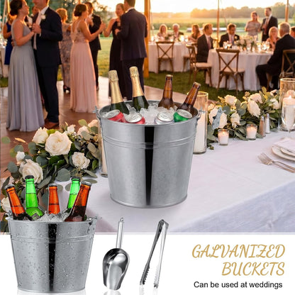Zopeal 12 Pcs Galvanized Beer Bucket Set, Includes 8 Metal Ice Buckets 5qt with 2 Scoops & 2 Tongs, Round Slive Pails Bulk for Weddings Birthday Beach Pool Party Supplies Summer Table Centerpieces