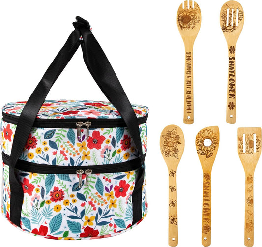 Casserole Carrier &5Pcs Sunflower Wooden Cooking Spoons Set,12.5" Pie Carrier,2 Compartments Insulated Pie Carrier with Lid and Handle,Pie Carrying Case,Kitchen Baking Spoon Kitchen Gift Set