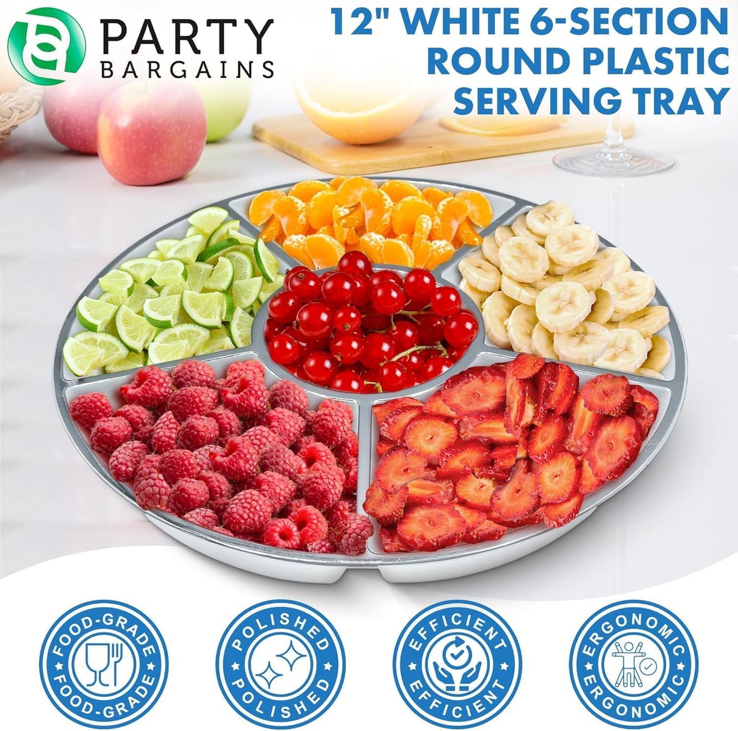 PARTY BARGAINS 12" Round Plastic Serving Tray, 6-Sections, Clear, Pack of 1