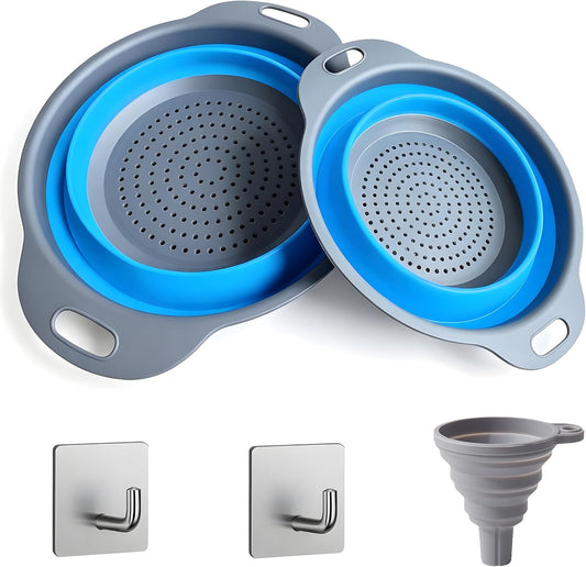UVB Collapsible Colander Set, Space-Saving Foldable Kitchen Strainer for Pasta, Vegetables & Fruit, Colander for Kitchen with 2 Stainless Steel Hooks & Silicone Funnel – Blue