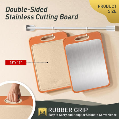 2 Packs Stainless Steel Cutting Board Set, Best Non Toxic Cutting Boards for Kitchen, Double Sided Metal Chopping Board for Meat/Fruit/Vegetables, Food Grade Kitchen Set Gift, [16”×11”+18”×12” Inch]