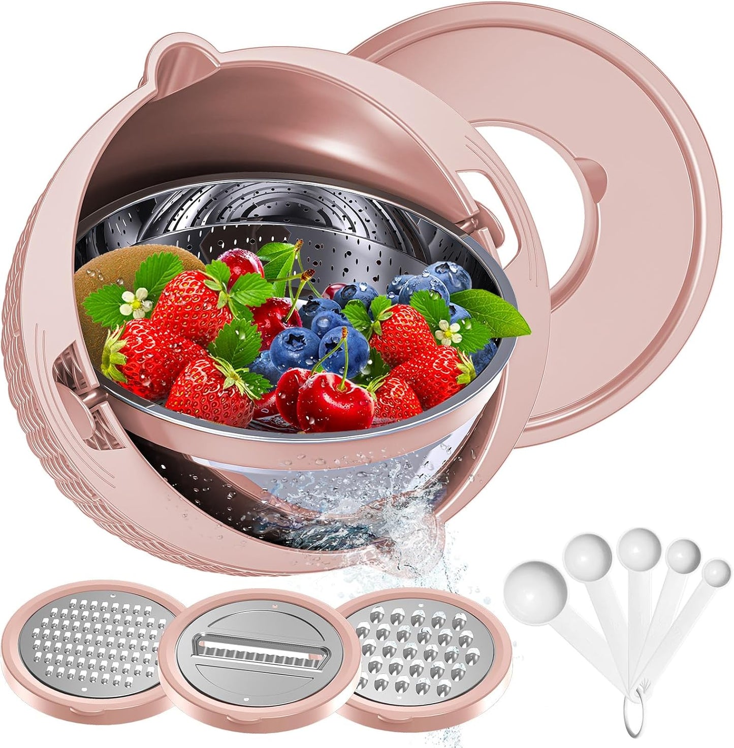 4-1 Colander with Bowl & Spoons Set - Rotatable Colander for kitchen with New Upgraded Graters, Food Strainer(Patented) for Pasta, Fruits, Vegetables, Funny Presents for Women, Beige