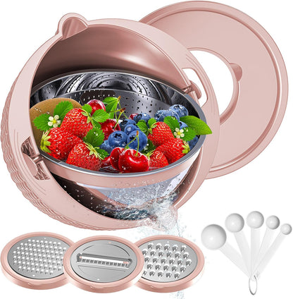 4-1 Colander with Bowl & Spoons Set - Rotatable Colander for kitchen with New Upgraded Graters, Food Strainer(Patented) for Pasta, Fruits, Vegetables, Funny Presents for Women, Beige