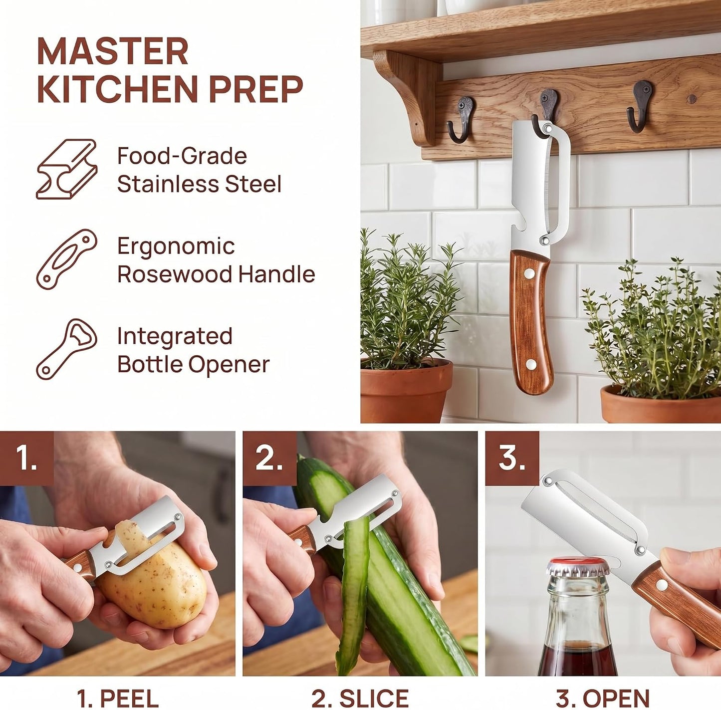 3-in-1 Stainless Steel Vegetable Peeler & Julienne Cutter with Bottle Opener - Multifunctional Kitchen Gadget for Fruits, Veggies, Camping & Daily Home Cooking(2-Pack) wooden