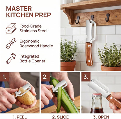 3-in-1 Stainless Steel Vegetable Peeler & Julienne Cutter with Bottle Opener - Multifunctional Kitchen Gadget for Fruits, Veggies, Camping & Daily Home Cooking(2-Pack) wooden