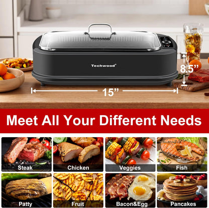 Techwood Indoor Grill Smokeless Grill, Electric Korean BBQ Grill with Glass Lid, Turbo Smoke Extractor Technology, Dishwasher-Safe Drip Tray & Nonstick Grilling Removable Plate, Black, 1500W