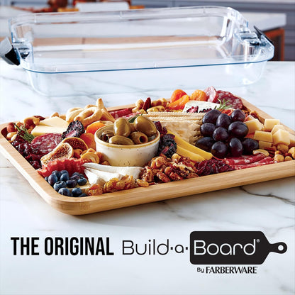 Farberware Bamboo Cutting Board with Clear Locking Lid, 11x14 Inch Charcuterie Board with Handles - Reversible Serving Board for Cheese, Meats, Snacks and More