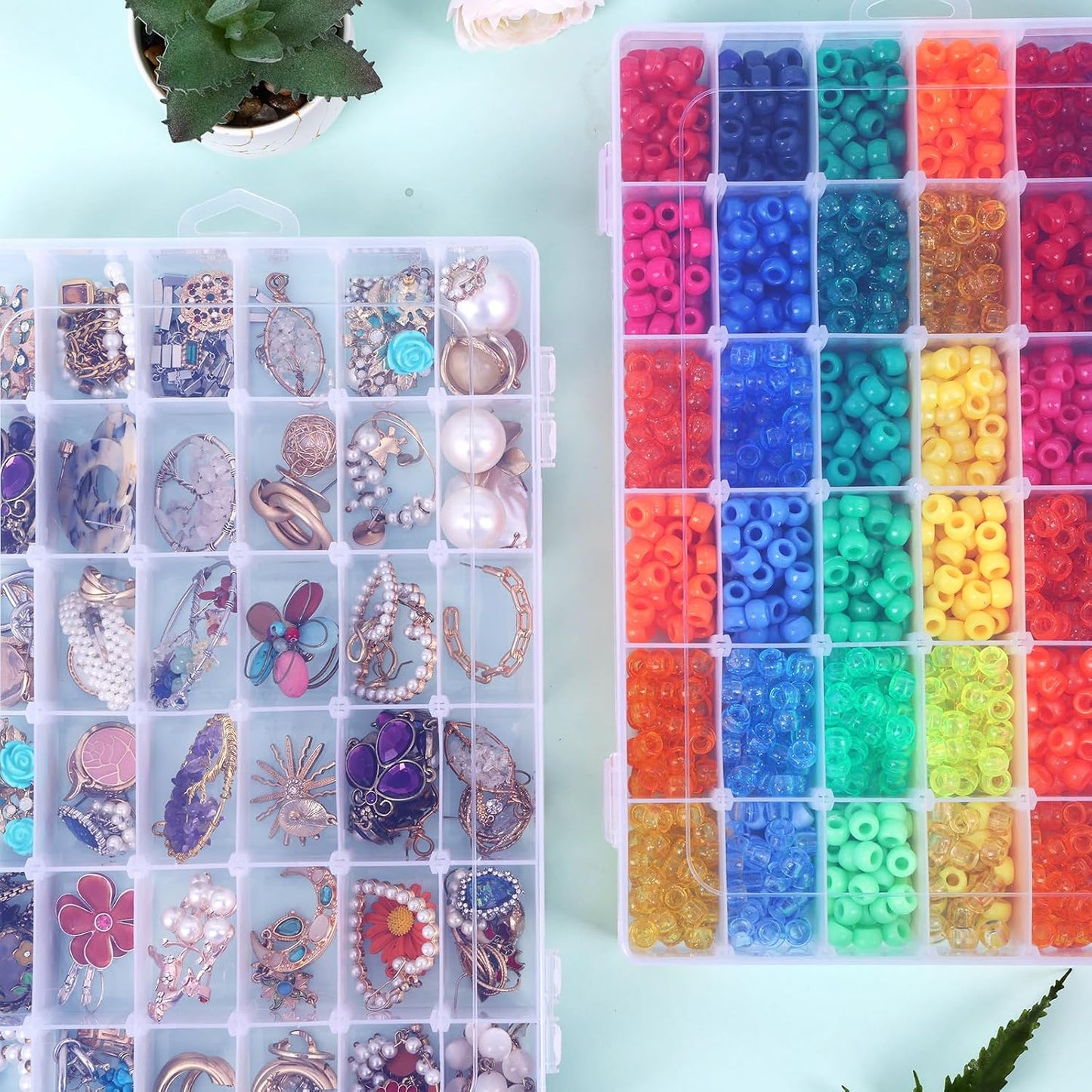 2 Pack Clear Bead Organizer Tackle Box with Adjustable Dividers for Jewelry Art Craft Containers 36 Grids Compartment with 5 Sheets Label Stickers