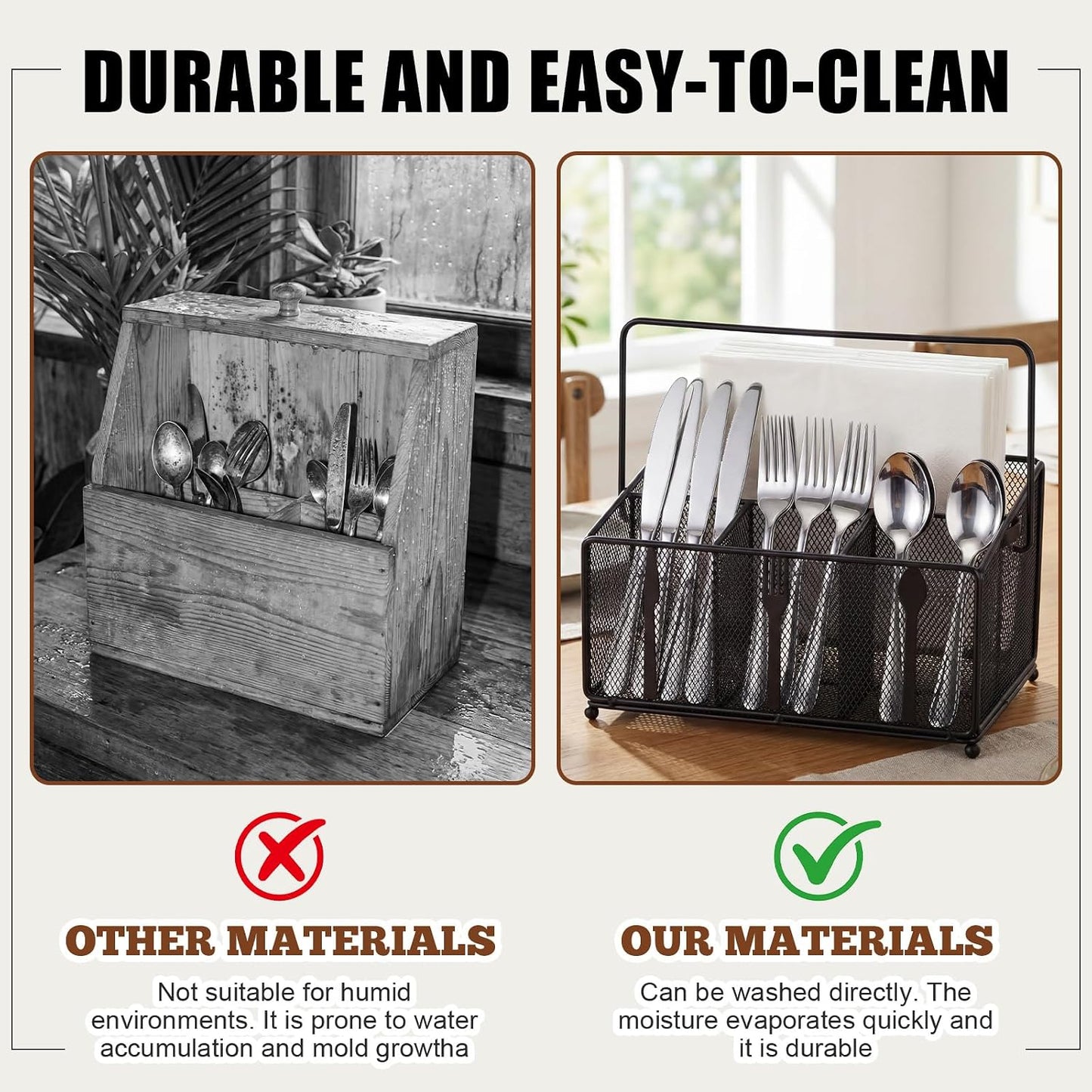 Utensil Caddy for Party, Utensil Organizer Silverware Caddy, 4 Compartment Metal Cutlery Organizer, Fork Spoon Napkin Plate Basket for Kitchen Countertop Buffet Outdoor BBQ Camping Picnic