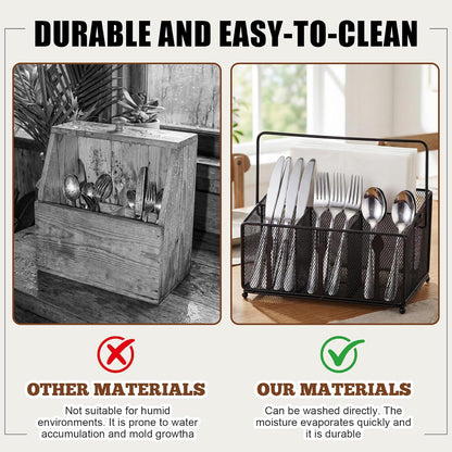 Utensil Caddy for Party, Utensil Organizer Silverware Caddy, 4 Compartment Metal Cutlery Organizer, Fork Spoon Napkin Plate Basket for Kitchen Countertop Buffet Outdoor BBQ Camping Picnic