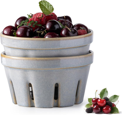 Gomakren Berry Bowls with Holes Ceramic, Berry Washing Bowl Basket Set of 2, 5.8 Inch Round Fruit Bowl Storage Containers, Strawberry Baskets, Farmhouse Kitchen Decor, Yellow + Brown