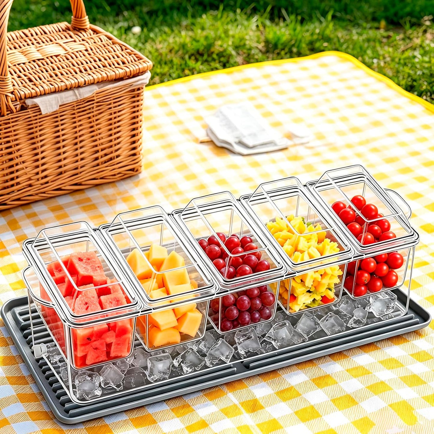 Chilled Condiment Caddy, 5 Containers with Secure Lids, Drain Plug & Gray Silicone Mat, Holds 80 oz Ice. Large Taco Bar Serving Set, Multi-Use for Mimosa Bar, Salad, Fruit, Party Garnishes