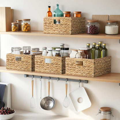 eHemco Trapezoid Woven Hyacinth Wicker Pantry Storage Baskets with Iron Wire Frame, 13.25"x9"x7/3.5", Natural, Set of 2