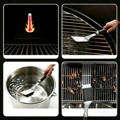 BBQ Grill Cleaning Brush with Scraper, 17'' Stainless Steel Grill Grate Cleaner with 2 Replaceable Stainless Steel Bristles Heads, Safe BBQ Accessories for Charcoal & Electric Grills