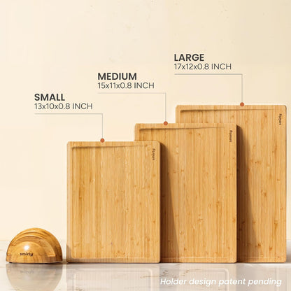 SMIRLY Walnut Cutting Board for Kitchen - Wood Cutting Boards with Handle and Juice Groove for Meal Prep, Serving, Charcuterie - Kitchen Gadgets - Non Toxic Wooden Chopping Board Set of 3 with Holder