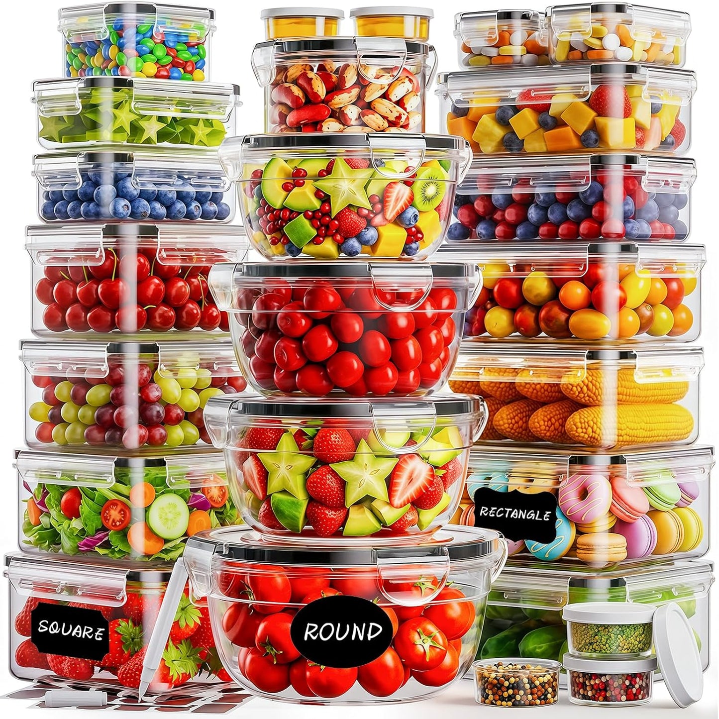 TOPCHASE 40 PCS Food Storage Containers with Lids Airtight (20 Containers & 20 Lids) - Plastic Food Containers for Kitchen Storage Reusable BPA-Free Leakproof Meal Prep Container with Labels & Pen
