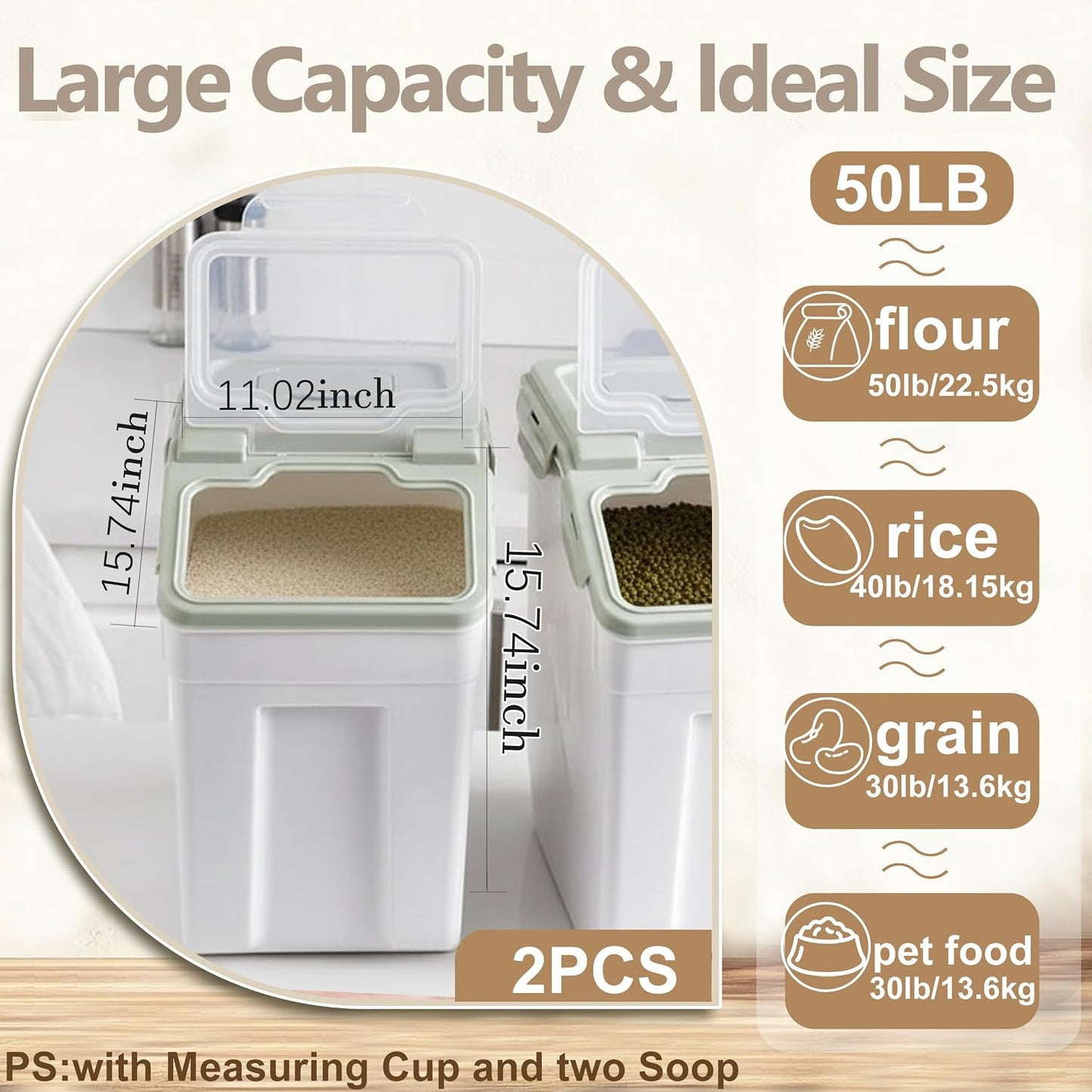 RUIAN 2Pcs Large Flour Storage Container Bin 50Lb Airtight Rice Storage Containers with Wheels Seal Locking Lid, BPA Free with Measuring Cup&Scoop for Flour, Rice, Grain 100LBS Total (Blue)