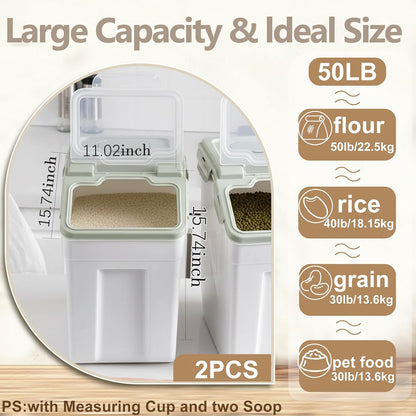 RUIAN 2Pcs Large Flour Storage Container Bin 50Lb Airtight Rice Storage Containers with Wheels Seal Locking Lid, BPA Free with Measuring Cup&Scoop for Flour, Rice, Grain 100LBS Total (Blue)