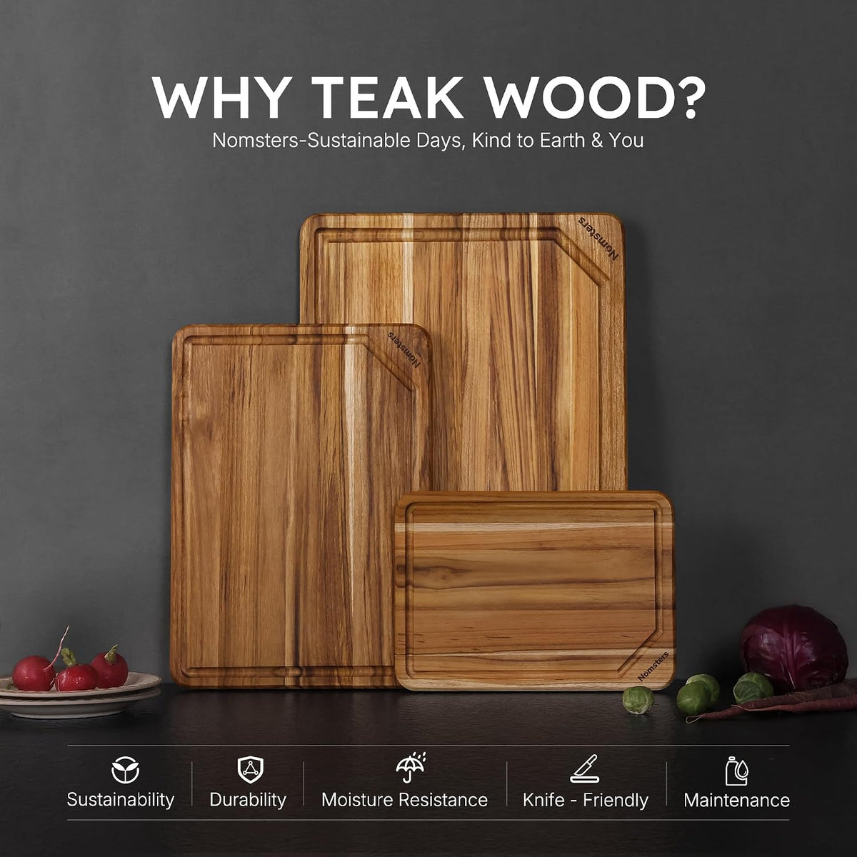 3 Pack Teak Wood Cutting Board Set for Kitchen Charcuterie Board Serving Heavy Duty Non Toxic Slip Hardwood Over Sink Solid Thick Haus Wooden Chopping Board Large Big Small Meat Best Essential Gift