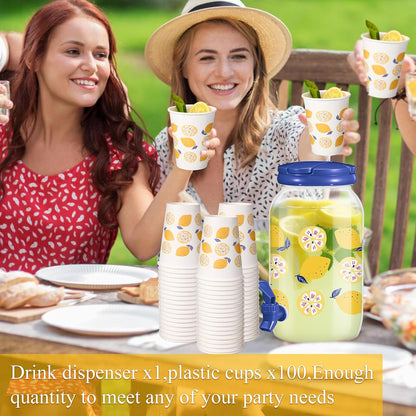Umigy Tree Clear Plastic Drink Dispenser with 20 Pcs 12 oz Tropical Paper Cups 1 Gallon Kitchen Fridge Beverage Dispenser Plastic Water Dispenser with Spigot for Juice Tea Beer(Orange)