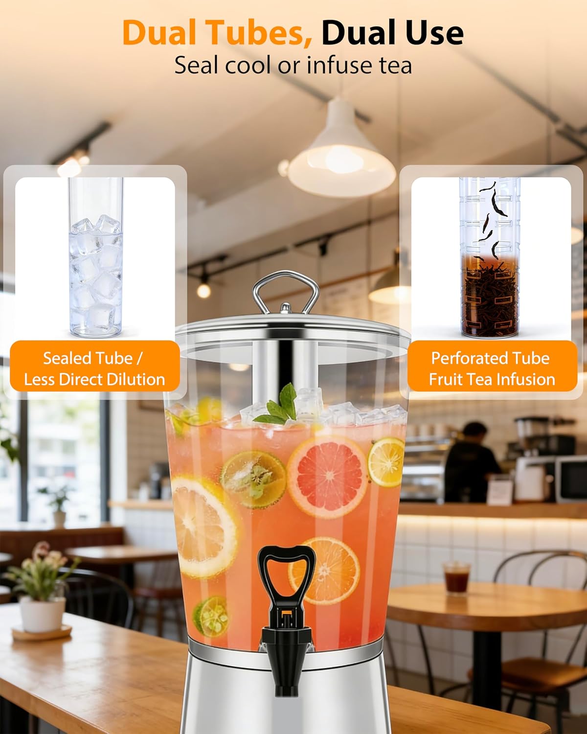 Beverage Dispenser with Stand, 3 Gallon Drink Dispenser for Parties,Events,Buffet &Self-Serve,Dual Ice Tube Core Fruit Infuser,Leakproof Spigot,Clear PC Container, Stainless Steel Lid&Base