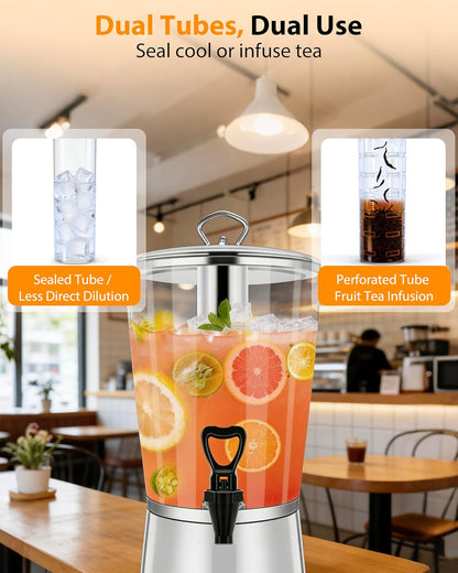 Beverage Dispenser with Stand, 3 Gallon Drink Dispenser for Parties,Events,Buffet &Self-Serve,Dual Ice Tube Core Fruit Infuser,Leakproof Spigot,Clear PC Container, Stainless Steel Lid&Base
