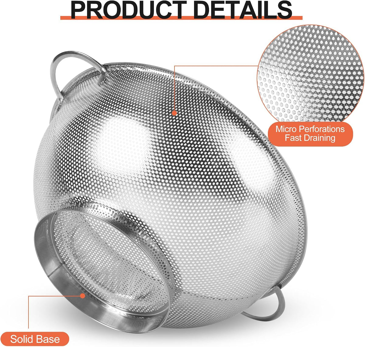 Kaishun Colander Stainless Steel 3-Quart, Strainer for Kitchen Food