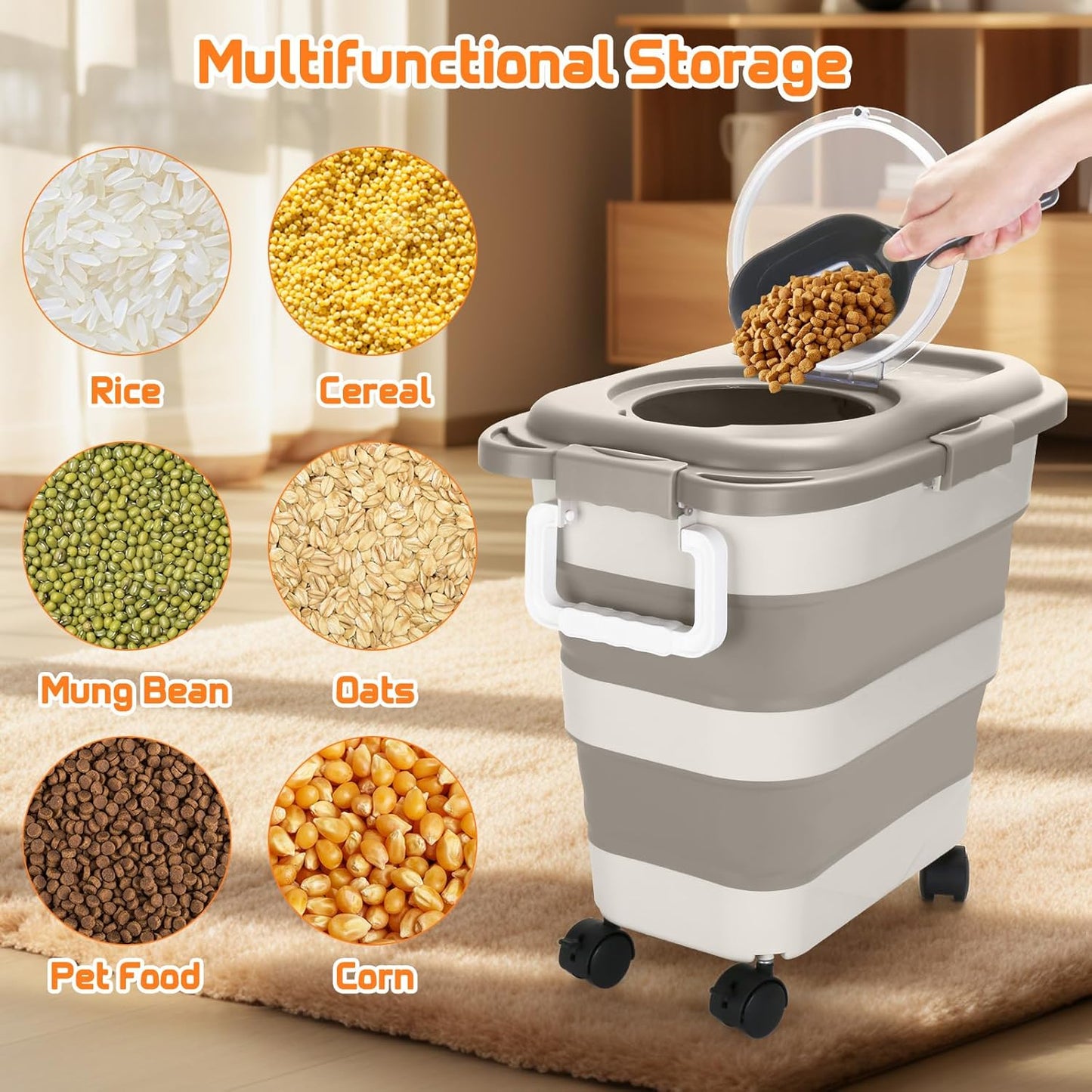 Beyoung 25-28lbs Airtight Dog Food Storage Containers with Wheels and Lids, Collapsible Pet Food Storage Bins with Handle, 50lb Rice Storage Bucket with Scoop, Dry Food Storage Bins (Khaki)