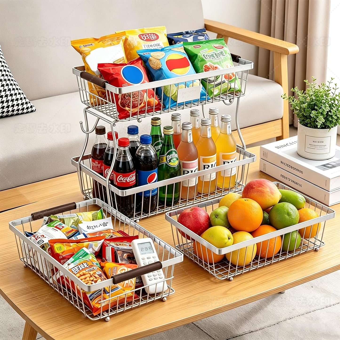 2-Tier Stackable Wire Basket with 2 Banana Hooks, Pantry Organizer for Kitchen Countertops, Cabinets & Under-Sink Spaces; Ideal for Storing Snacks, Fruits, Veggies, Onions, Potatoes, & More,Black