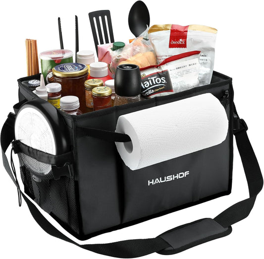 HAUSHOF Large Grill and Picnic Caddy with Paper Towel Holder, Condiment Pocket, Foldable BBQ Organizer Easy Carry Griddle Caddy for Camping, RV, Outdoor Waterproof Oxford Cloth (Black)