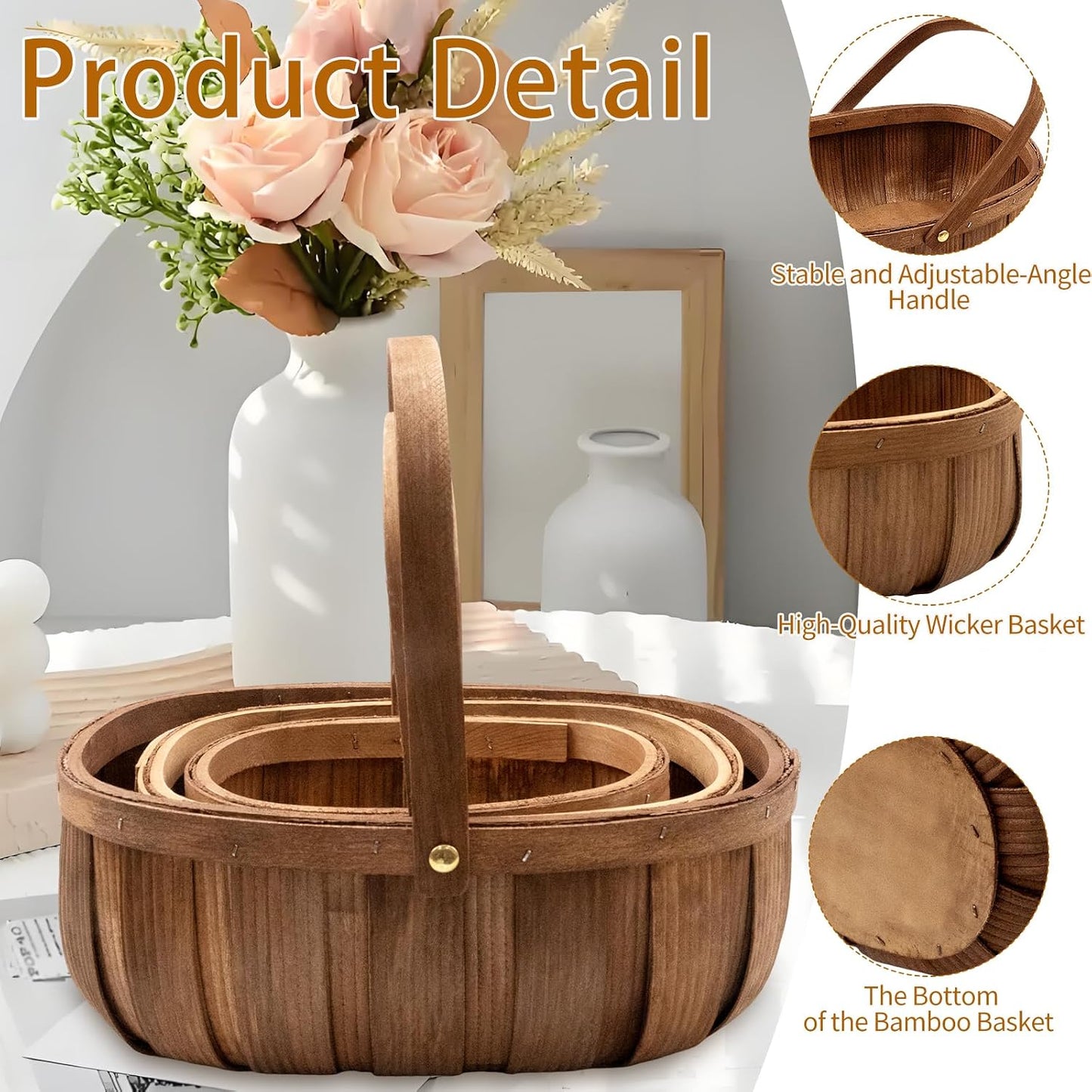 3 Pack Wooden Bread Baskets, Handmade Woven Wood Chip Picnic Basket with Handles, Storage Organizer for Vegetable Fruit Wedding - 3 Size