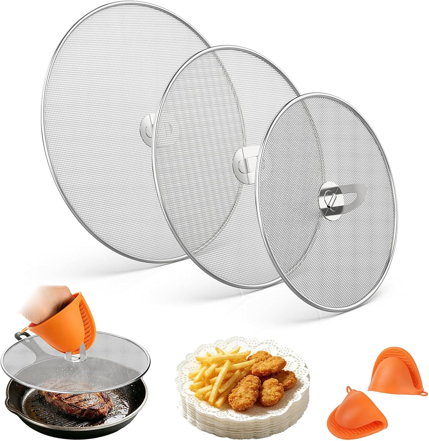 Splatter Screen for Frying Pan Set, 3 Pack 10"/11.5"/13" 304 Stainless Steel Grease Splatter Guard with Foldable Handle & Silicone Oven Mitts, Dishwasher Safe