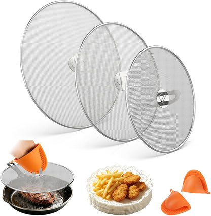 Splatter Screen for Frying Pan Set, 3 Pack 10"/11.5"/13" 304 Stainless Steel Grease Splatter Guard with Foldable Handle & Silicone Oven Mitts, Dishwasher Safe
