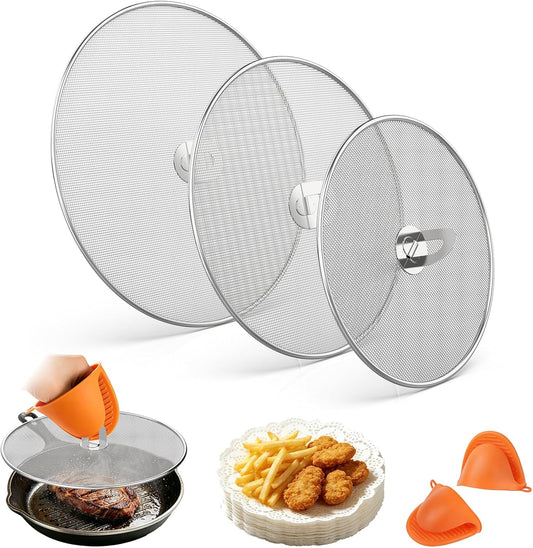 Splatter Screen for Frying Pan Set, 3 Pack 10"/11.5"/13" 304 Stainless Steel Grease Splatter Guard with Foldable Handle & Silicone Oven Mitts, Dishwasher Safe