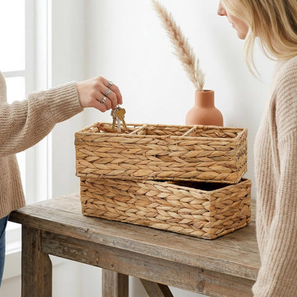 Pumtus 2 Pack 3-Section Woven Baskets, Water Hyacinth Storage Bin, Handwoven Desk Organizer, Toilet Paper Container, Rectangle Holder for Counter Top Toilet Tank Shelves Coffee Bar Pantry