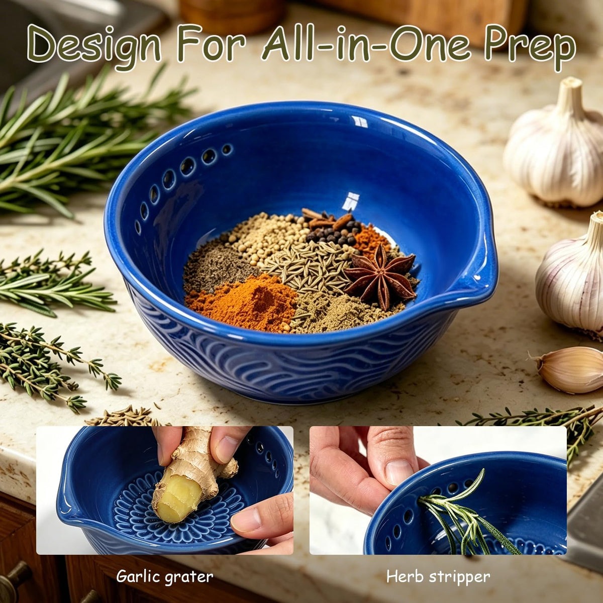 Grater Plate, 3 in 1 Handmade Tool Ceramic Bowl with Herb Stripper (Gray)