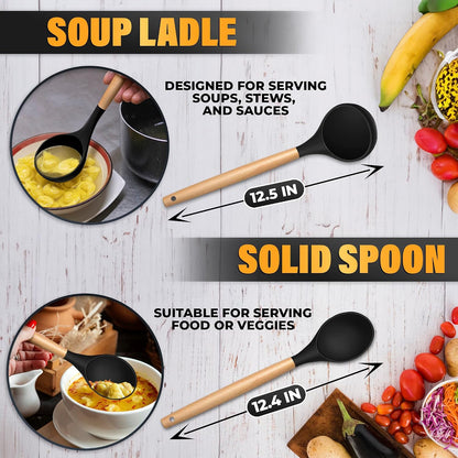 14 PCs Black Silicone Cooking Utensils Set with Holder - Versatile Kitchen Utensils with Sturdy Wooden Handles - Heat Resistance Silicone Kitchen Utensil Set with Holder for All Cooking & Baking Needs